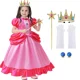 thumbnail image 3 of Vestido de princesa Barbie rosa para niñas, disfraz de película para juego de rol con cinturón, vestido con tirantes a cuadros, atuendo de cumpleaños para Halloween, para vestir de 2 a 10 años, 3 of 5