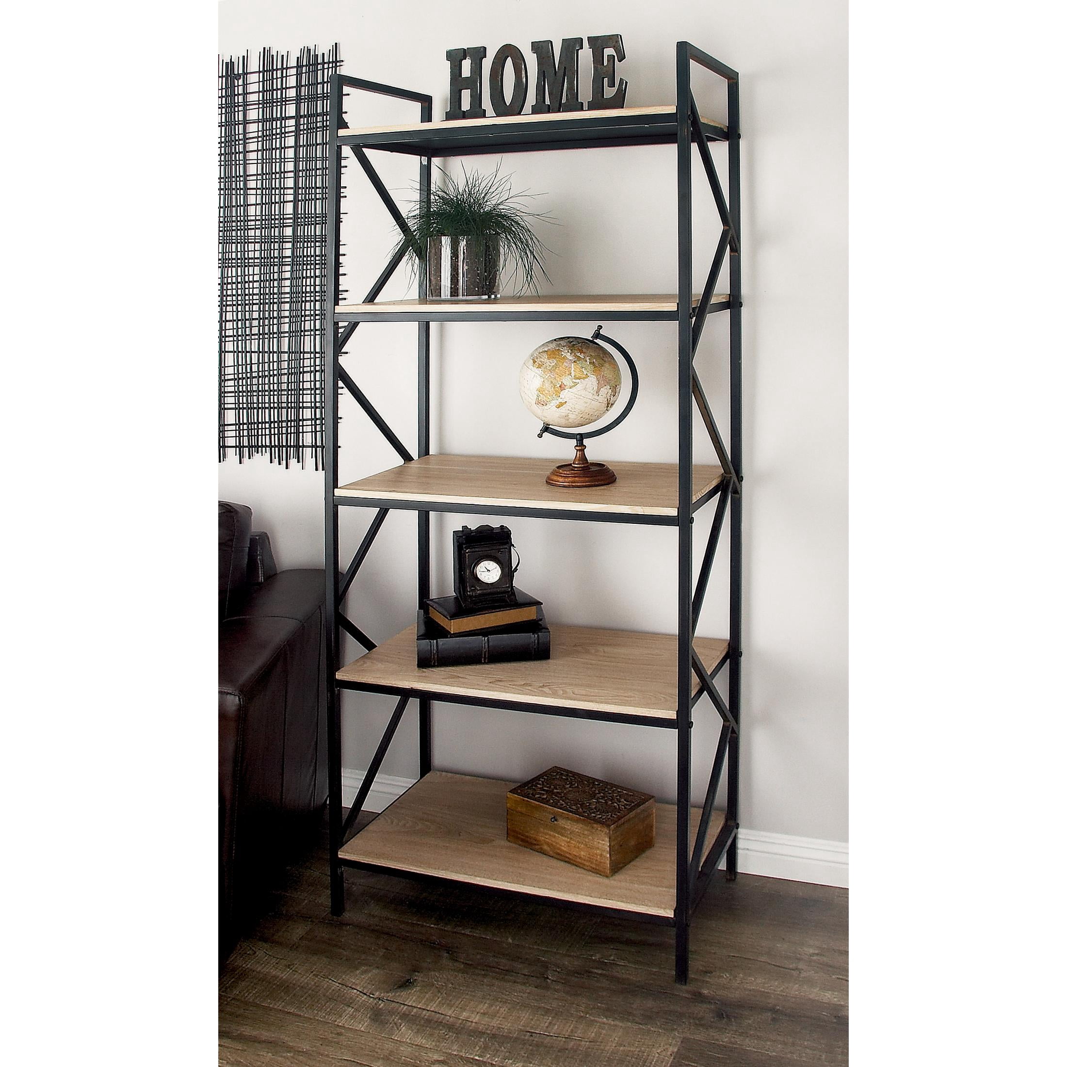 DecMode 29" x 74" Brown Wood 5-Tier Shelving Unit with Black Metal Frame, 1-Piece