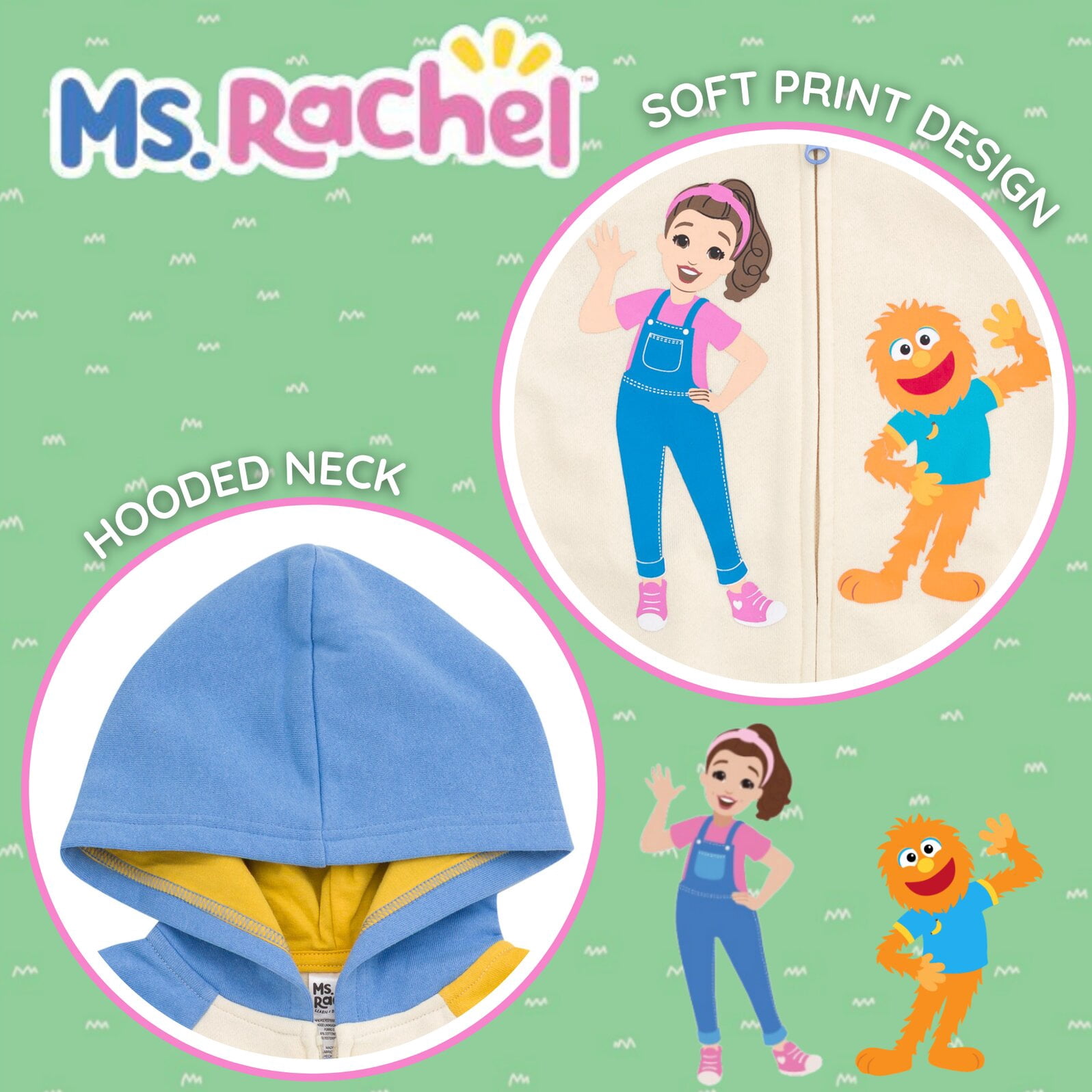Ms. Rachel Baby Boy or Girl Fleece Zip-Up Hoodie Multi Herbie