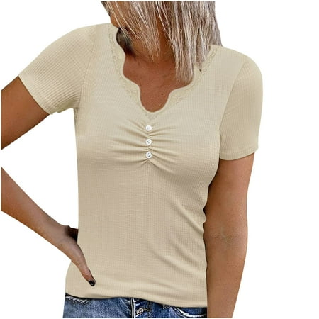 

Womens Tops Clearance under $10 V Neck Lace Camisole for Teen Girls Short Sleeve Slim Tunic Ribbed Plain Tops Bustier Tshirts Juniors Button SX