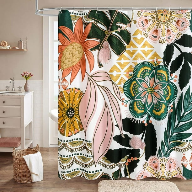 Boho Floral Shower Curtain Set with Hooks, Tropical Leaves Fabric