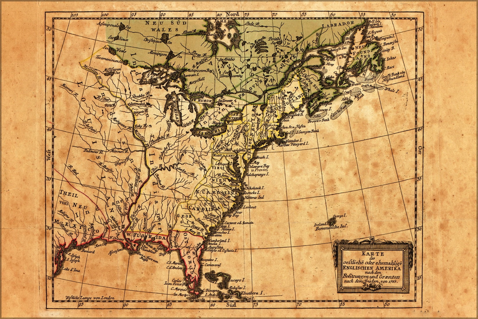 24"x36" Gallery Poster, Map of United States of america 1783 in german ...