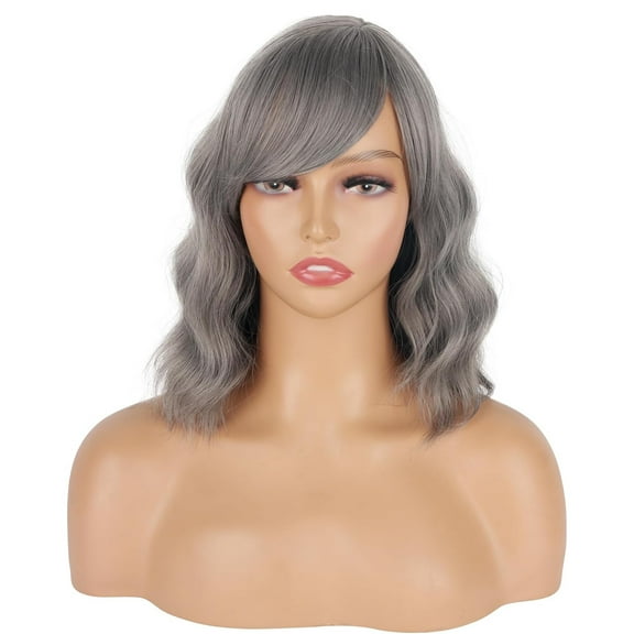 Short Gray Wavy Wigs For Black Women With Bangs - Synthetic Silver Grey Wavy Wigs For Daily Use