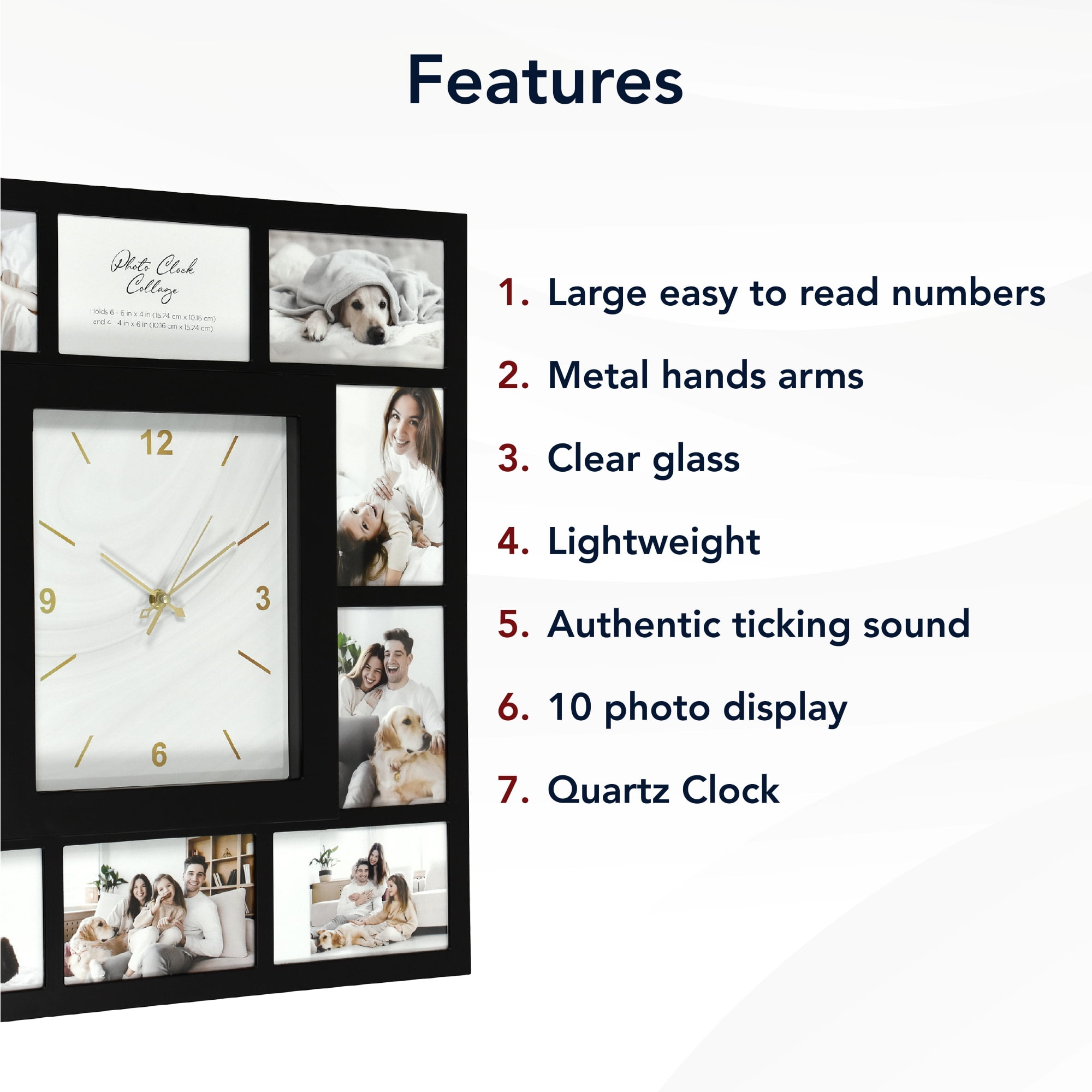 American Art Decor Picture Frame Collage Wall Clock - 10 Photo Display Slots (Black, 19.25"x 21.5")