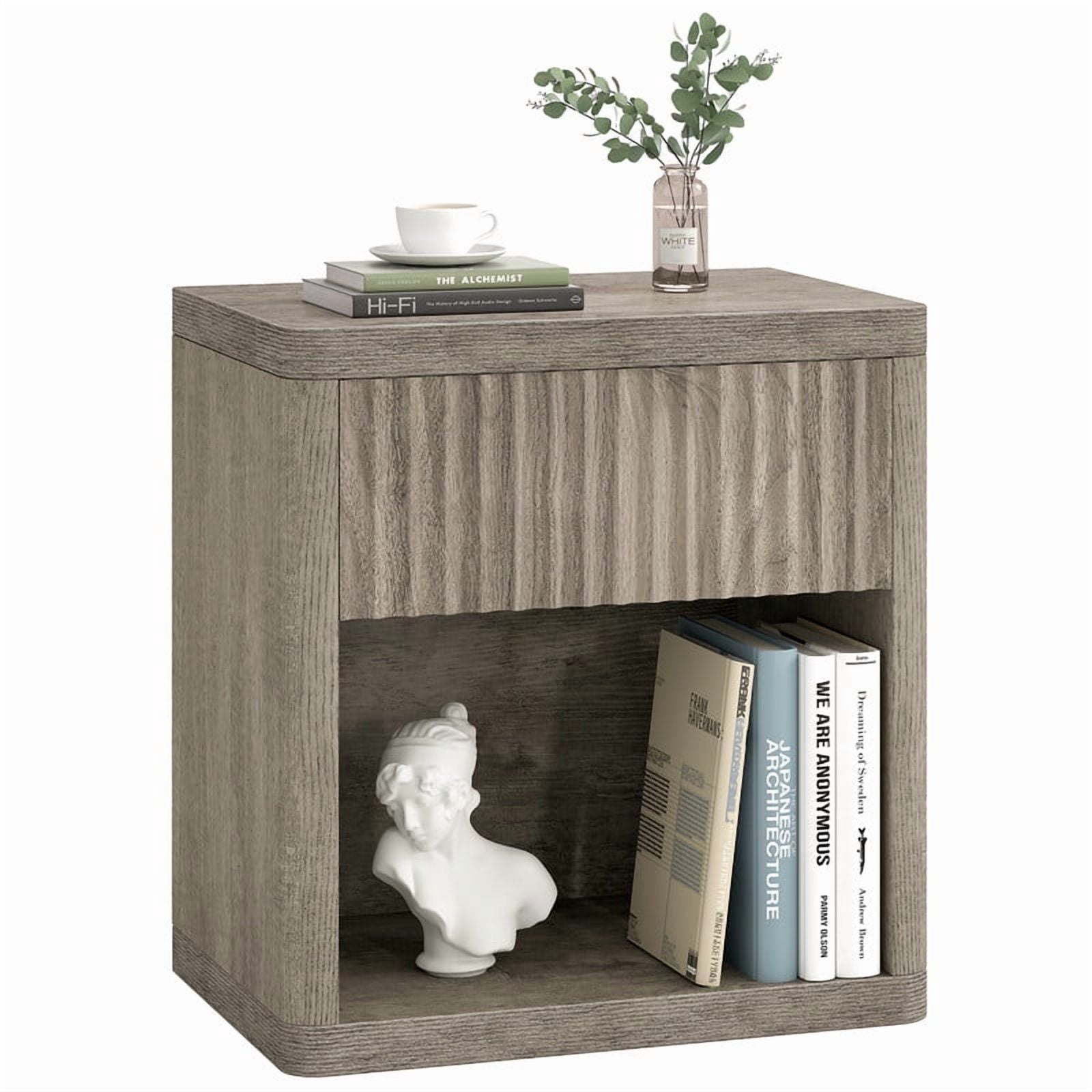 Fluted Nightstand with Drawer, Bedside Tables with Open Storage, Large Wood Night Stand for Bedroom Living Room, Grey