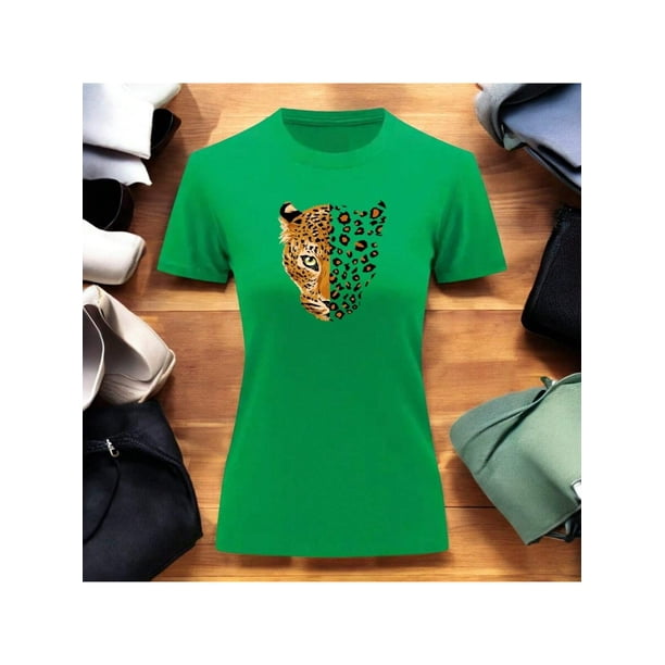 Playera Blusa Con Estampado De Jaguar Animal Print Ropa Para Mujer Color Verde Talla Chica Marca Emil SaEs