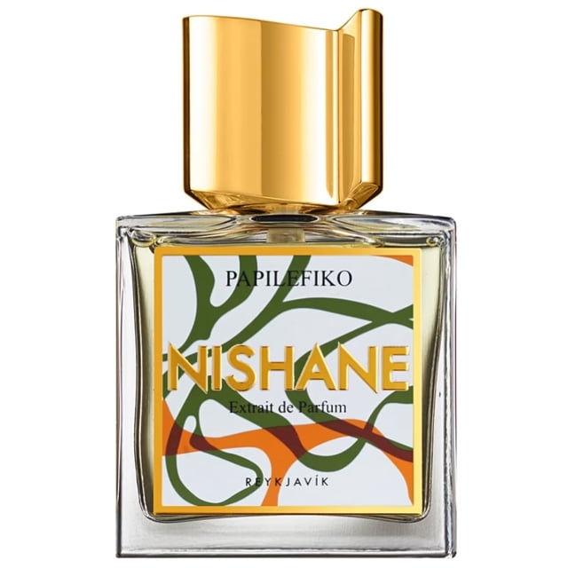 nishane nishane papilefiko 3.4oz-100mlandnbsp;extrait de parfum spray frasco cuadrado de cristal, vista frontal con etiqueta gráfica verde y naranja y logo NISHANE en dorado, tapa metálica dorada; perfume de nicho 100 ml.