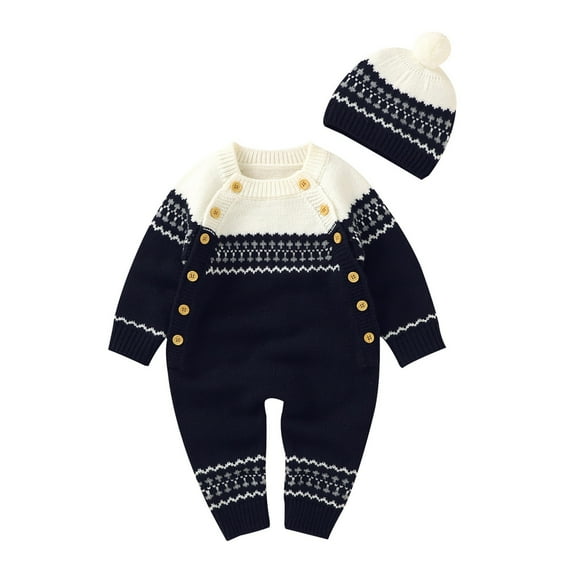 Generic Girls Warm Blouse Baby Girl Boy Cotton Knitted Sweater Romper Jumpsuit Outfits Hat Set Long Sleeve Cable Knit Sweater Romper Jumpsuit Outfit