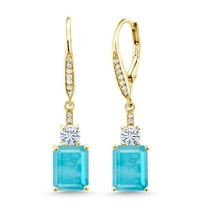Gem Stone King 18K Yellow Gold Plated Silver Green Turquoise White Moissanite and White Topaz Dangle Earrings for Women (4.28 Cttw, Gemstone Birthstone, Emerald Cut 9X7MM)
