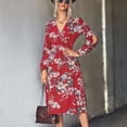 thumbnail image 3 of Vestido Floral De Otoño, Vestido De Manga Larga Floral Con Cuello En V Cruzado Transpirable Cómodo Para El Trabajo De Oficina ANGGREK M rojo, 3 of 7