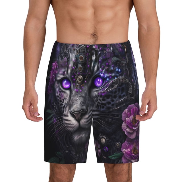 Fotbe Purple-Eyed Floral Leopard Pantalones Cortos de Pijama para Hombre, Ropa de Dormir, Pantalones de Pijama Cortos para Hombre-X-Large