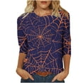 thumbnail image 2 of CLOISE Halloween Tops Women Fashion Halloween Cobweb Printed Tops 3/4 Sleeve Round Neck Shirts Basic Tunic Comfy Blouses Boo Party Outfits Winter Gift, 2 of 5