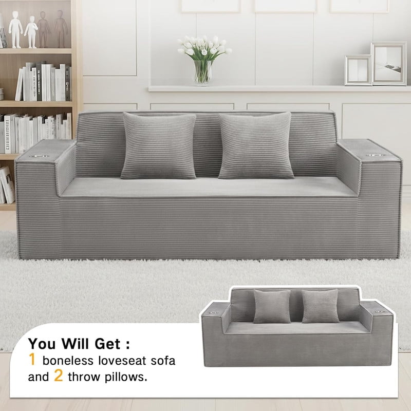75'' Modern Boneless Loveseat Sofa Couch with 2 Cup Holders & 2 Pillows for Living Room, Corduroy Love Seat Couches with Deep Seat