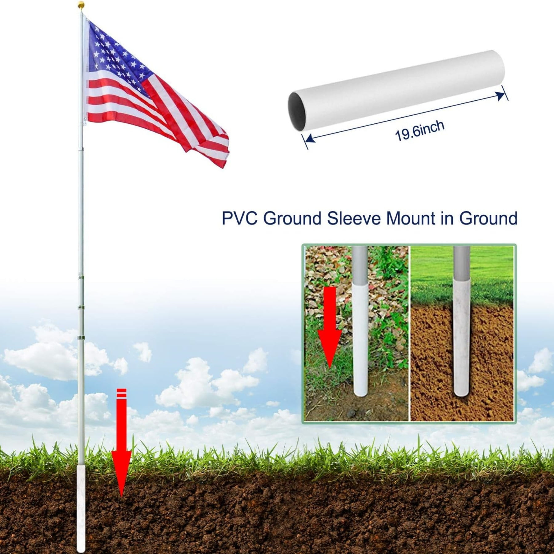25Ft Telescopic Flag Pole Kit, Heavy Duty Aluminum Telescoping Flagpole, with 3x5 American Flag and Topper Ball for Commercial, Residential Use