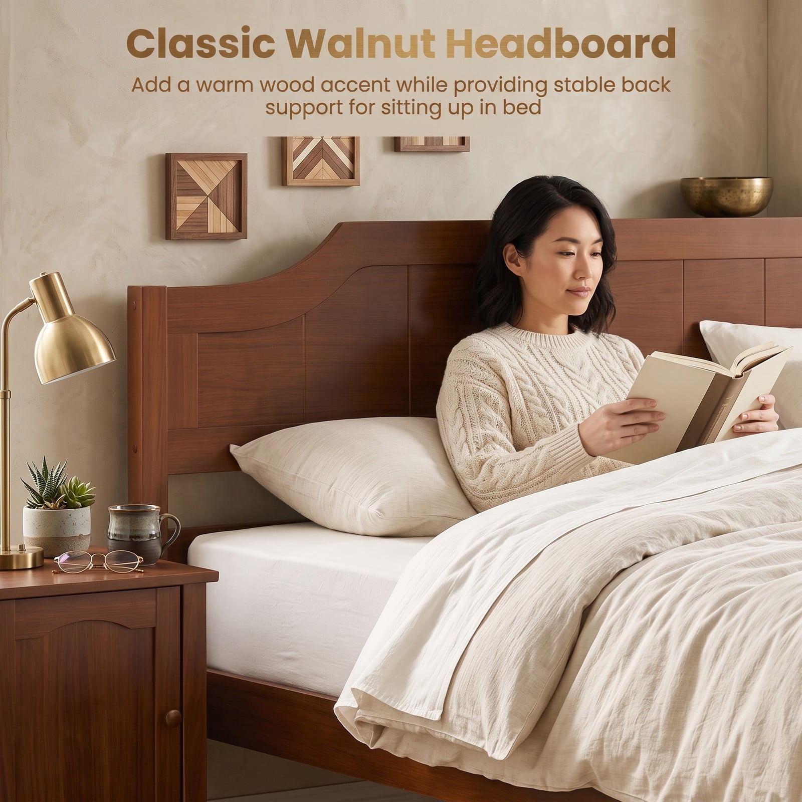 Furnibear Full Size Bed Frame Solid Wood Platform Bed with Arched Headboard and Slat Support, No Box Spring Needed, Walnut