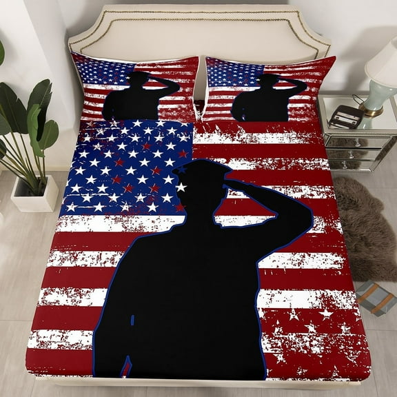 American Flag Bedding Set Soldier Salute for Usa Flag Bed Sheets,Army Gift Military Fitted Bed Sheets for Teens Youth Veteran Vintage Stars and Stripes Bed Set Soldier Silhouette Sheets Twin