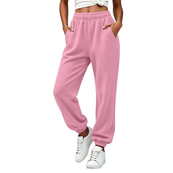 sdhkgrrt Women Plus Size Jogger Sweatpants Elastic Waist Casual Long Pants with Pockets Solid Active Lounge Travel Trousers Fall Fashion Outfits Winter Clothes, Pink 2XL