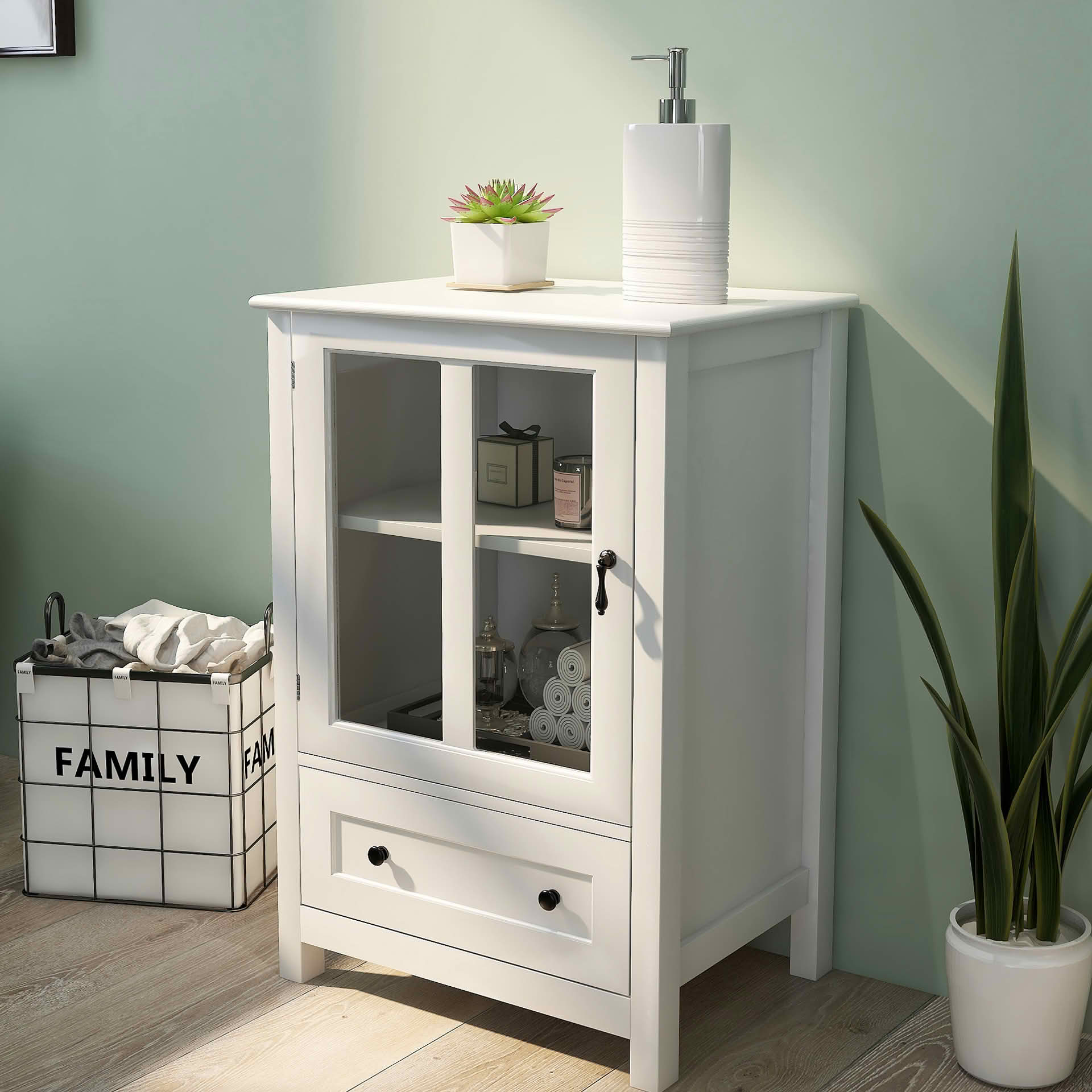 MAYEERTY Buffet Storage Cabinet, Single Glass Door with Unique Bell Handle