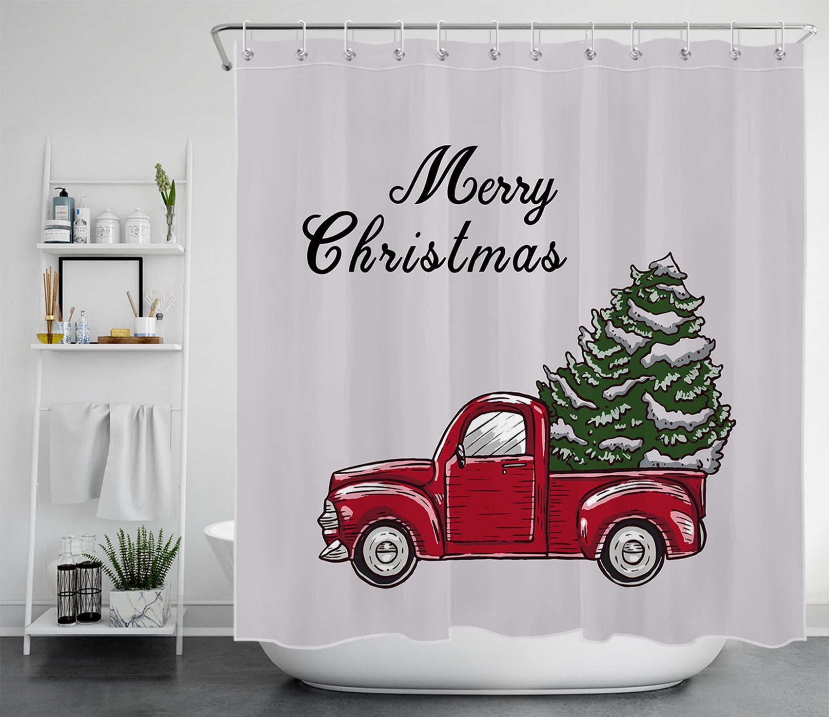 Cute Cats in Red Christmas Pickup Truck Winter Snow Shower Curtain Bathroom Mat 