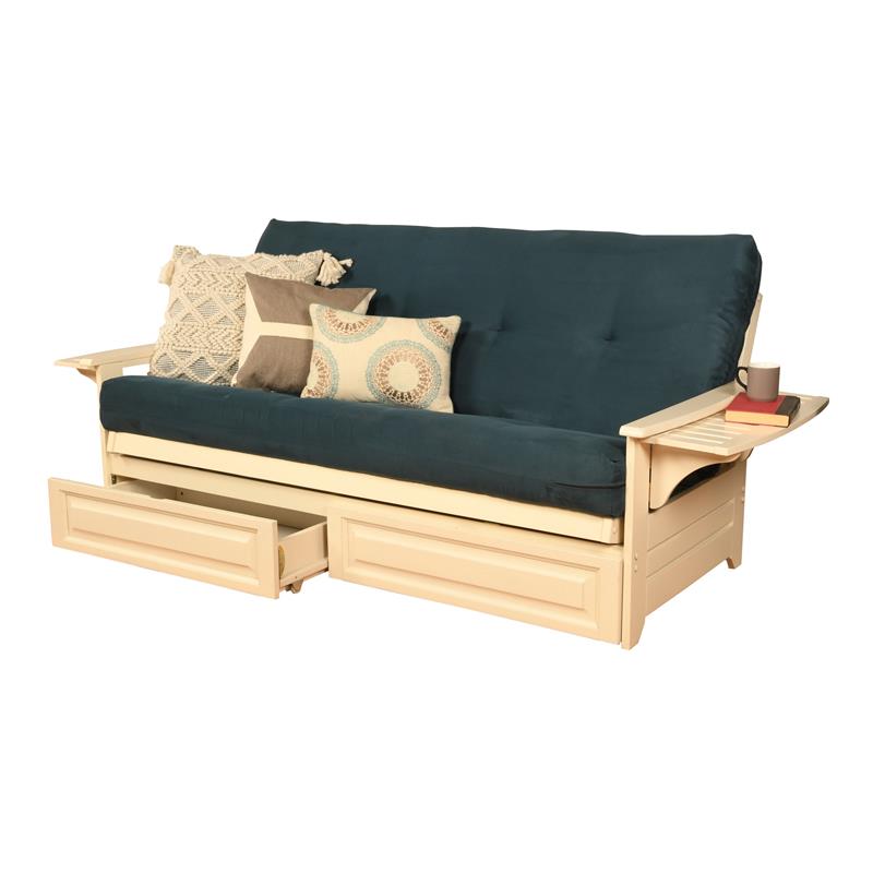 Pemberly Row Futon with Suede Fabric Mattress in White and Navy Blue