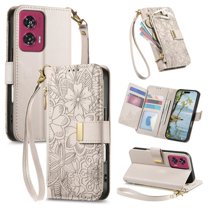 For Motorola Moto Edge 50 Fusion Wallet Case with Card,PU Leather Phone Case Flip Protective Cover Wrist Strap Zipper Credit Card Slots Magnetic Snap Protective Cover,khaki