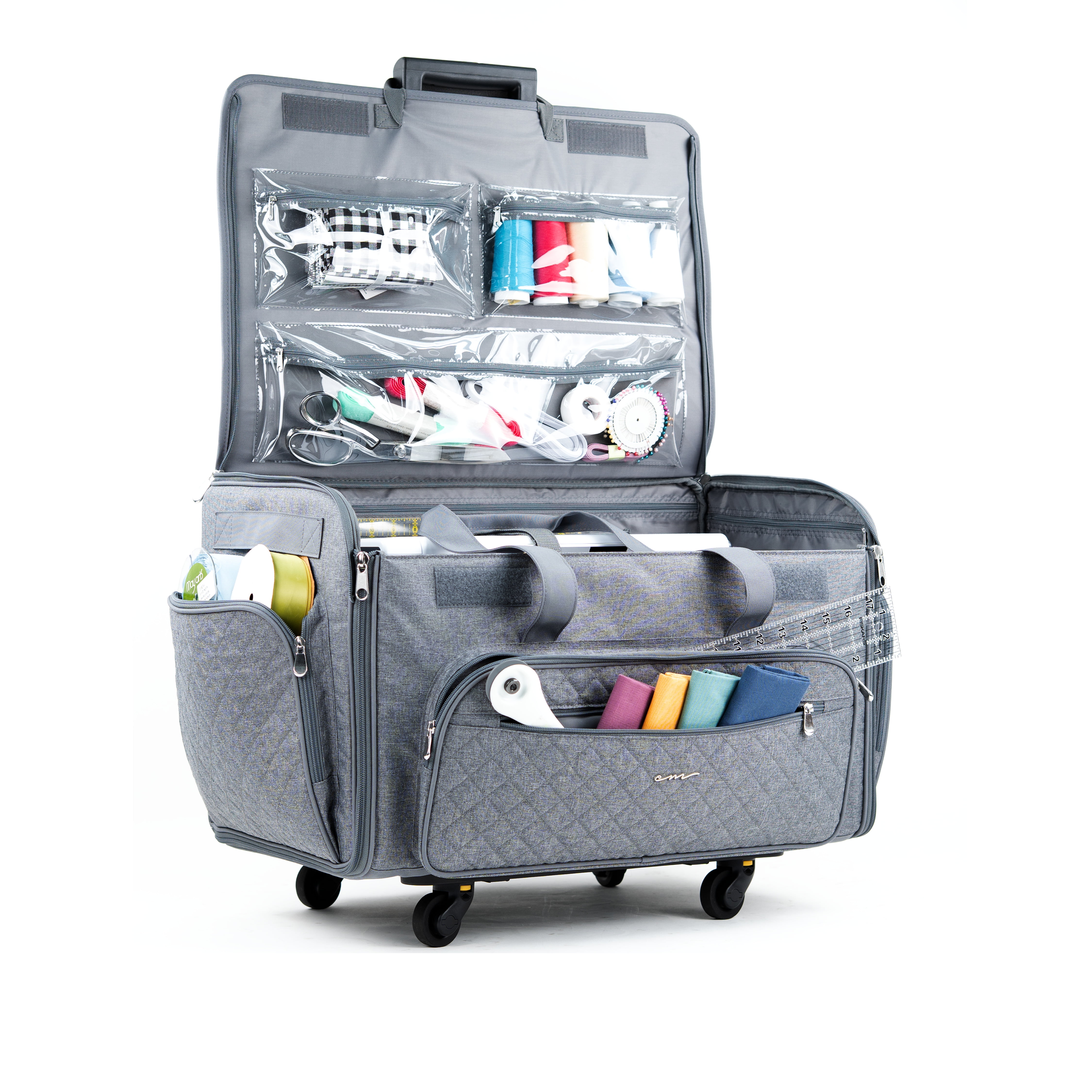 Everything Mary XXL Rolling Sewing Machine Case – Grey Quilted Craft Tote with 360° Wheels – Large Storage Organizer for Sewing & Quilting Supplies