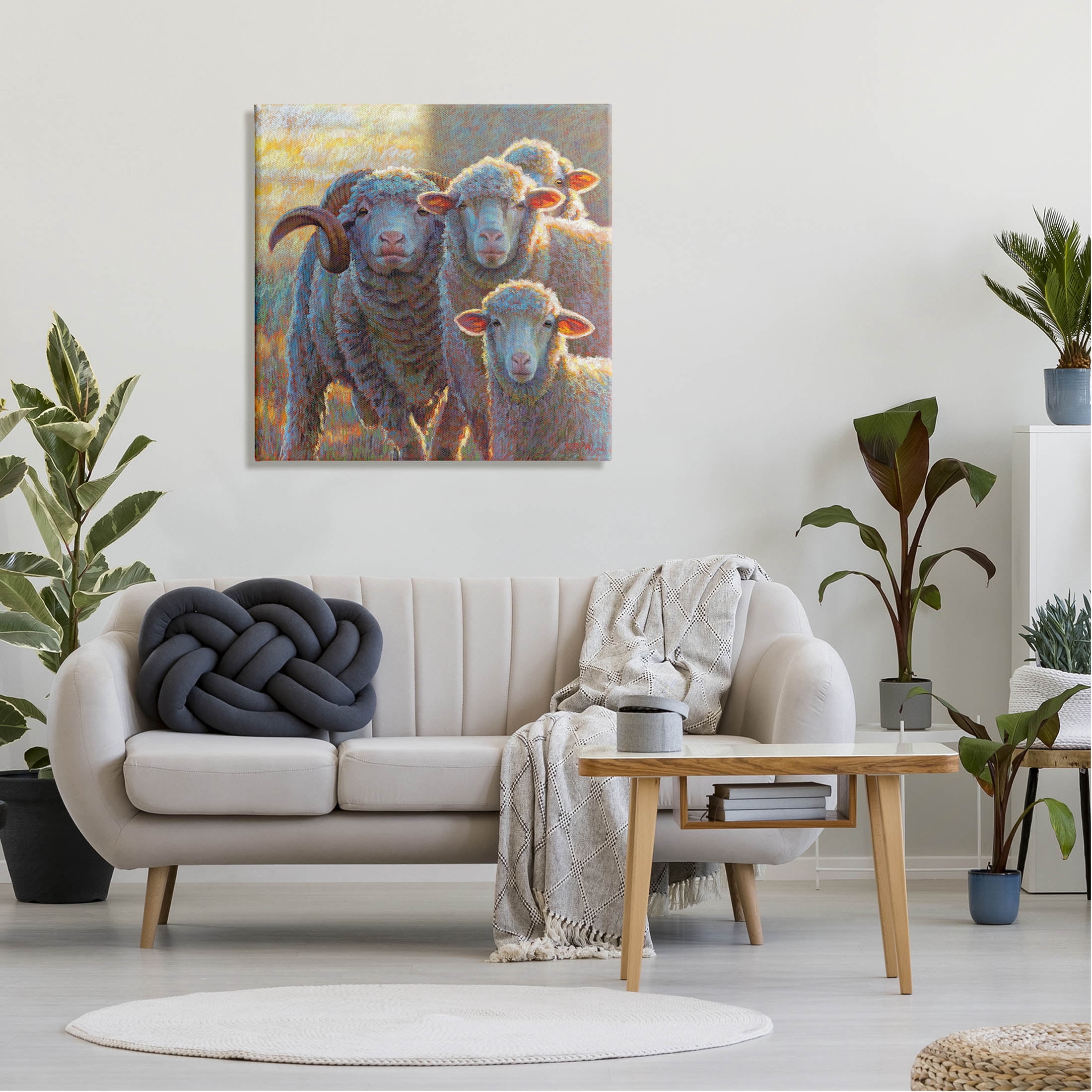 Sunlit Sheep Family Farm Animals Animals & Insects Painting Gallery Wrapped Canvas Print Wall Art