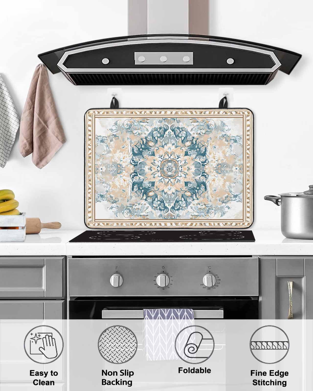 nqOlkjepod Large Induction Cooktop Protector Mat 24"x21", Blue Bohemia Stove Top Covers for Electric Stove, Boho Aztec Ethnic Abstract Flowers Pattern Stove Burner Cover Mats, Glass Top Stove Cover