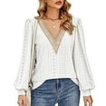 thumbnail image 2 of Womens Casual V Neck Puff Sleeve Tops Lace Patchwork Breathable Soft Comfy Long Sleeve Pullover Loose Mesh Shirt, 2 of 6