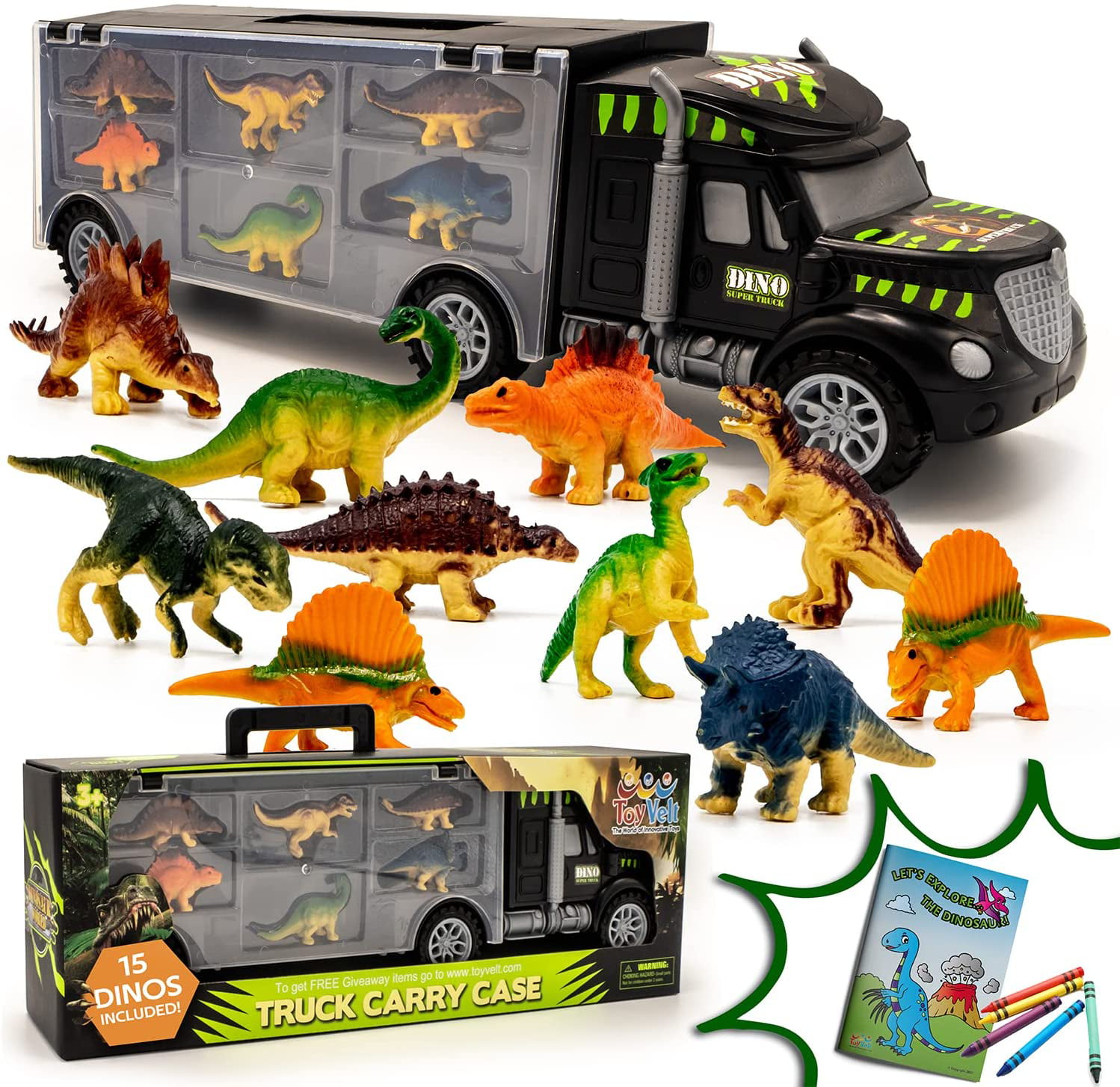 Dinosaur Toys with Truck Carrier Jurassic World Dinosaur Toys with 6 Dinosaurs 6 Animals and Double Sides Storage Truck Car Toys Jurassic Dinosaur Toys Gift for 3 4 5 6 7 Years Old Boys Girls