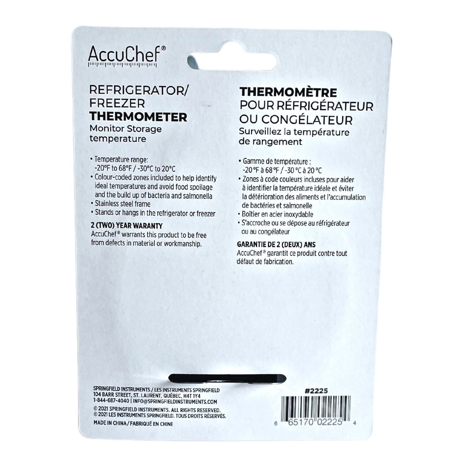 AccuChef freezer/refrigerator thermometer, Stainless Steel, hangs or stands alone, Model 2225