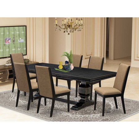 Luxe by East West Luxy Furniture LKLA7-SBB-47 7 Pieces Kitchen Set consists of a Rectangular Dining Table and 6 Light Sable Linen Fabric Dining Room Chairs with Black legs - Sand Blasting Black fin