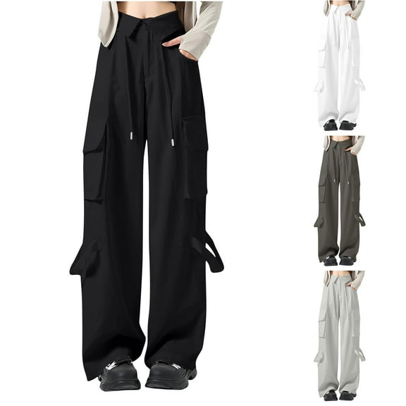 Kmdttou Cargo Pants Women Stretchy Plus Size Solid Color Fashion Casual Loose Broad Leg Full Length Pants