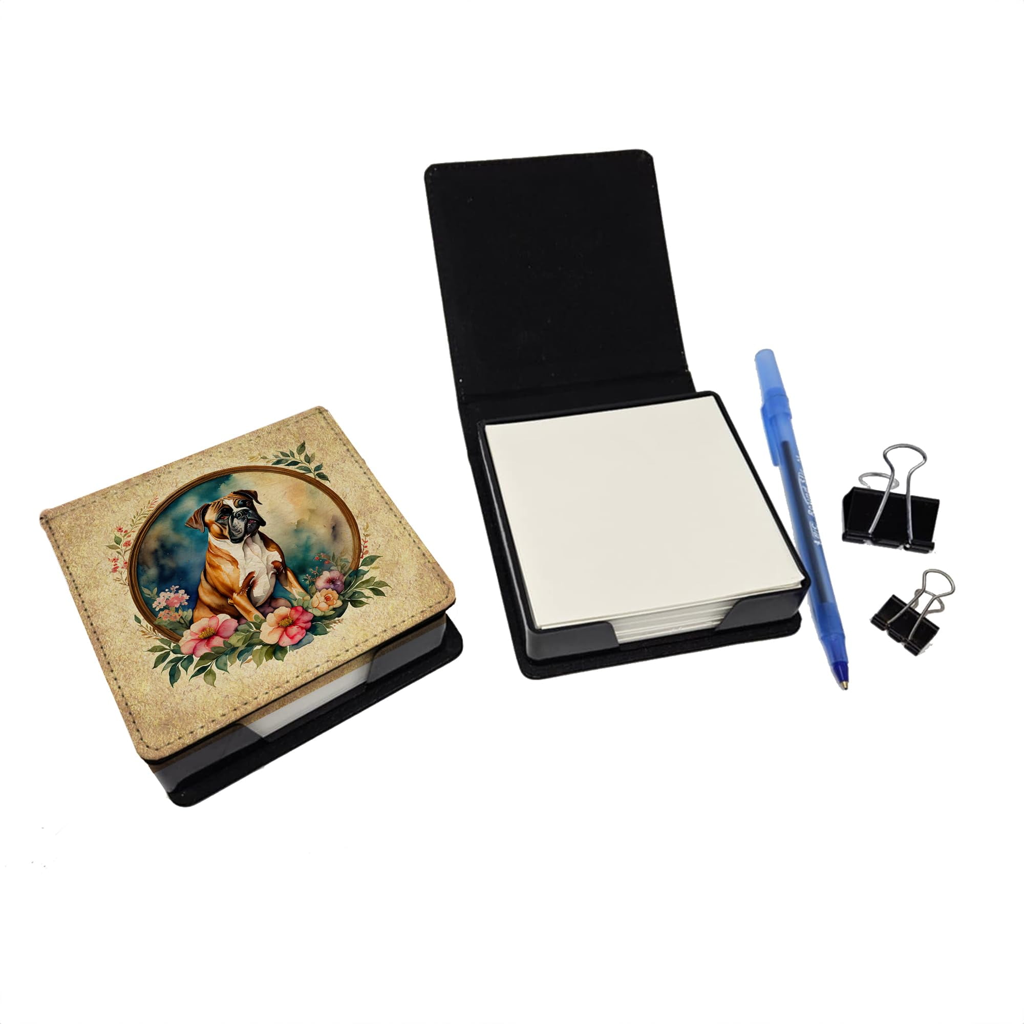 Caroline's Treasures Boxer and Flowers PU Leather Note Paper Holder with Artist-Designed Cover, Desk Accessory, Office Gift