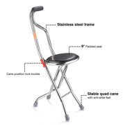 Yescom Medical Portable Folding Walking Stick with Seat Four Legged Travel Hiking Cane Chair Stool Eldely Care Aid