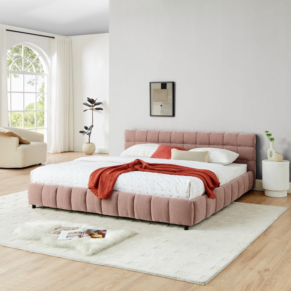Hassch King Size Upholstered Platform Bed, Modern Bed Frame with 4 Drawers for Storage, No Box Spring Needed, Beige