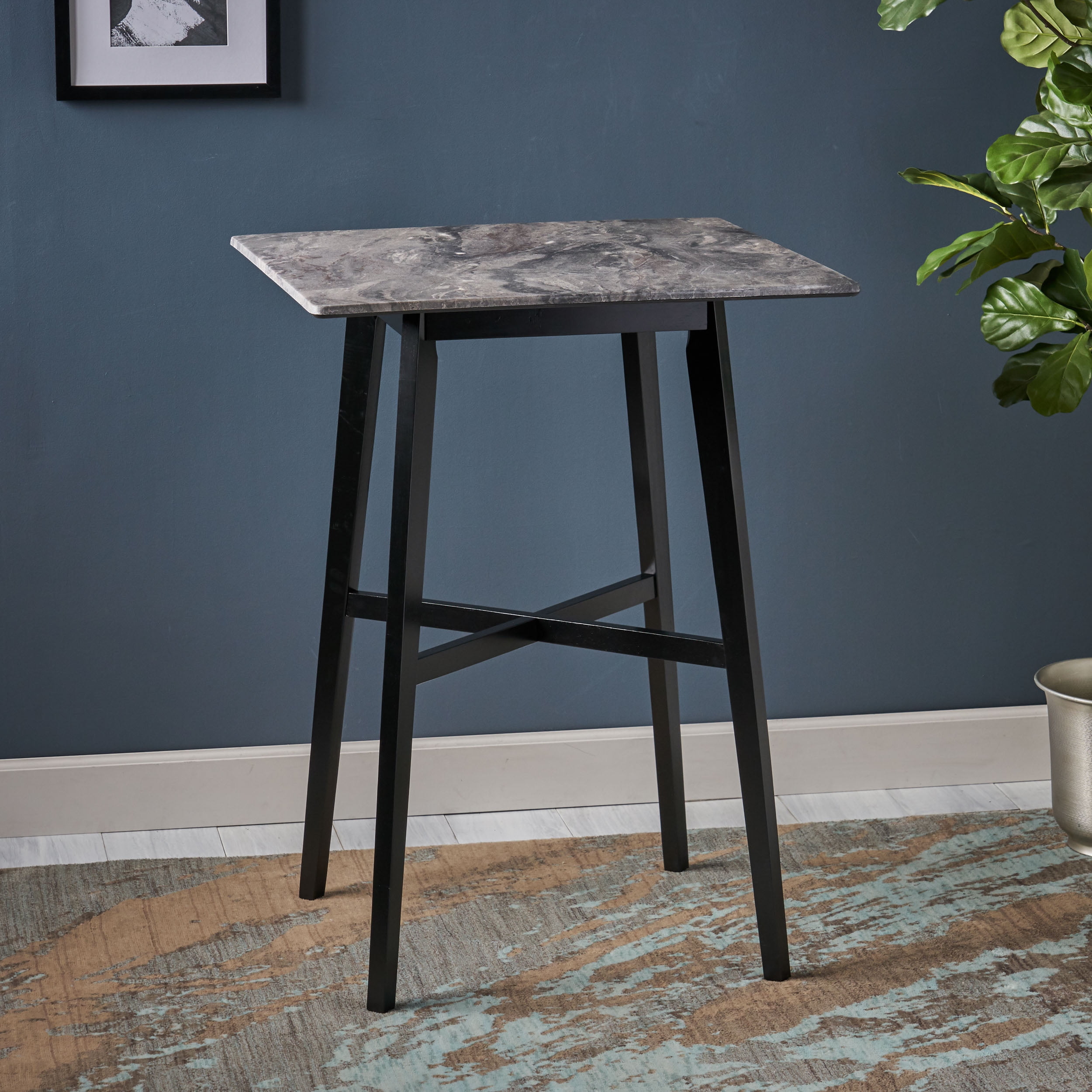 Noble House Tegan Modern Bar Table with Rubberwood Legs and Laminate Table Top, Paladina Marble Finish