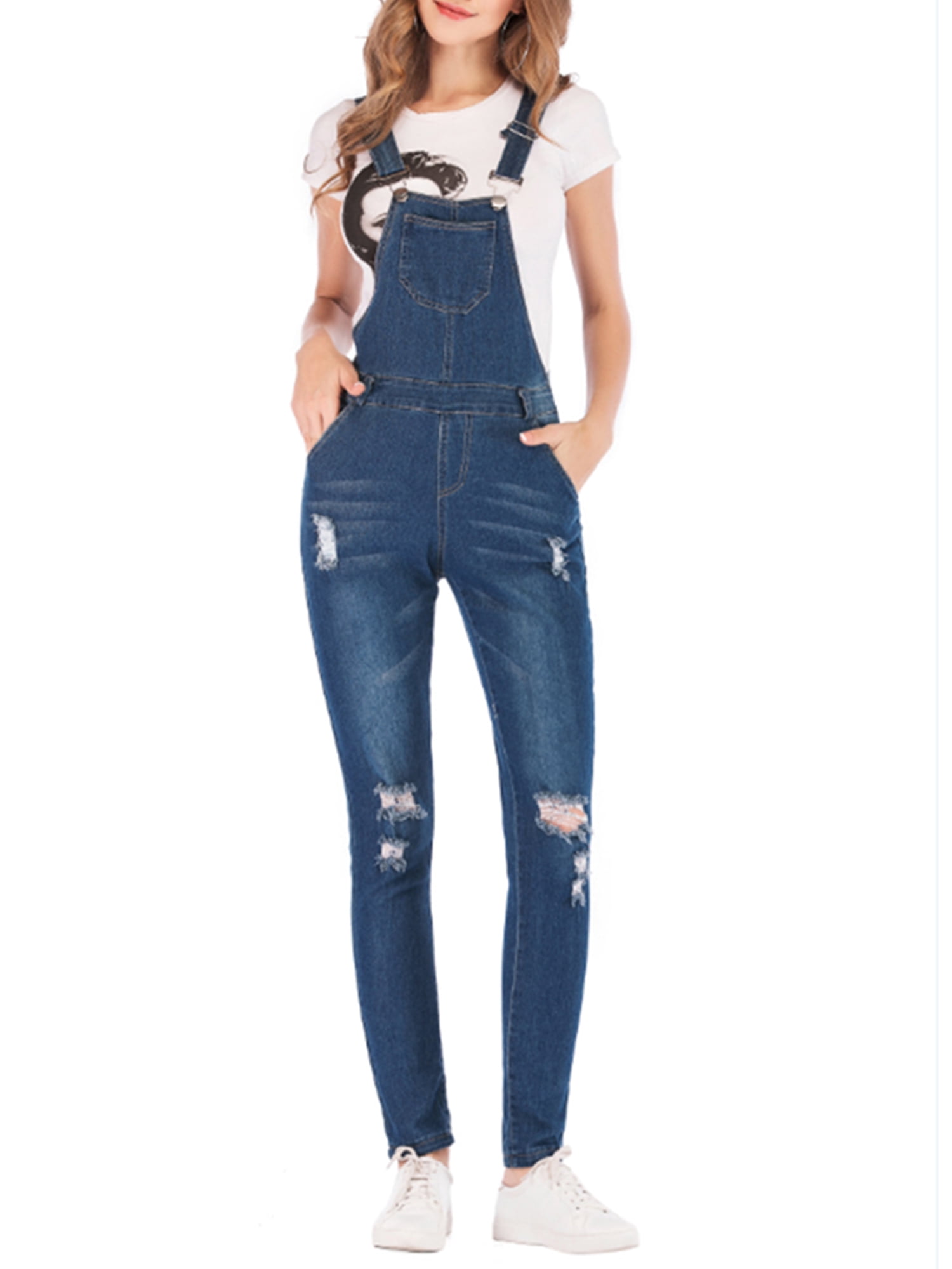 LADIES WOMENS POCKETS BUTTON DENIM OVERALL BIB JUMPSUIT COLLAR JEANS DRESS 6-14