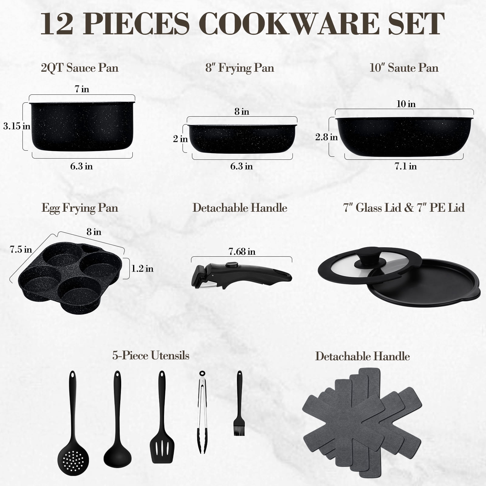Vesteel 12Pcs Pots and Pans Set, Nonstick Cookware Set with Detachable Handle and Egg Frying Pan, Stackable RV Kitchen Cooking Utensils Set, Black
