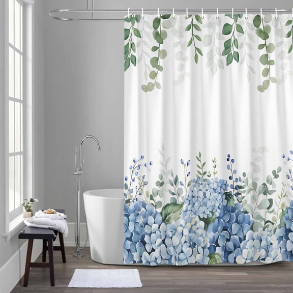 Spring Hydrangea Shower Curtain for Bathroom Decor, Blue Flower Green Eucalyptus Leaves Plant Waterproof Fabric Shower Curtain, 36"x78" Set with 12 Hooks