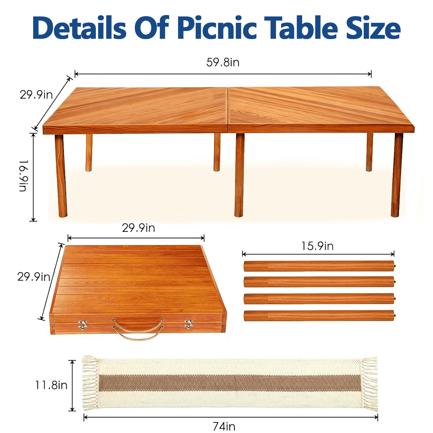 60" x 30" Foldable Boho Low Picnic Table, Solid Wood Beach Table with Adjustable Legs, Portable Indoor & Outdoor Floor Table for Picnic, Camping, BBQ, Wedding, Patio & Family Gatherings