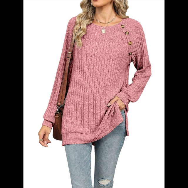 Camisas de Larga para Mujer, Túnicas Ligeras con Botones Decorativos y Abertura Lateral. Rosa XXL