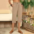 thumbnail image 6 of Capri Pants for Women Cotton Linen Summer Casual Elastic High Waisted Straight Leg Cropped Pants with Pockets, 6 of 6