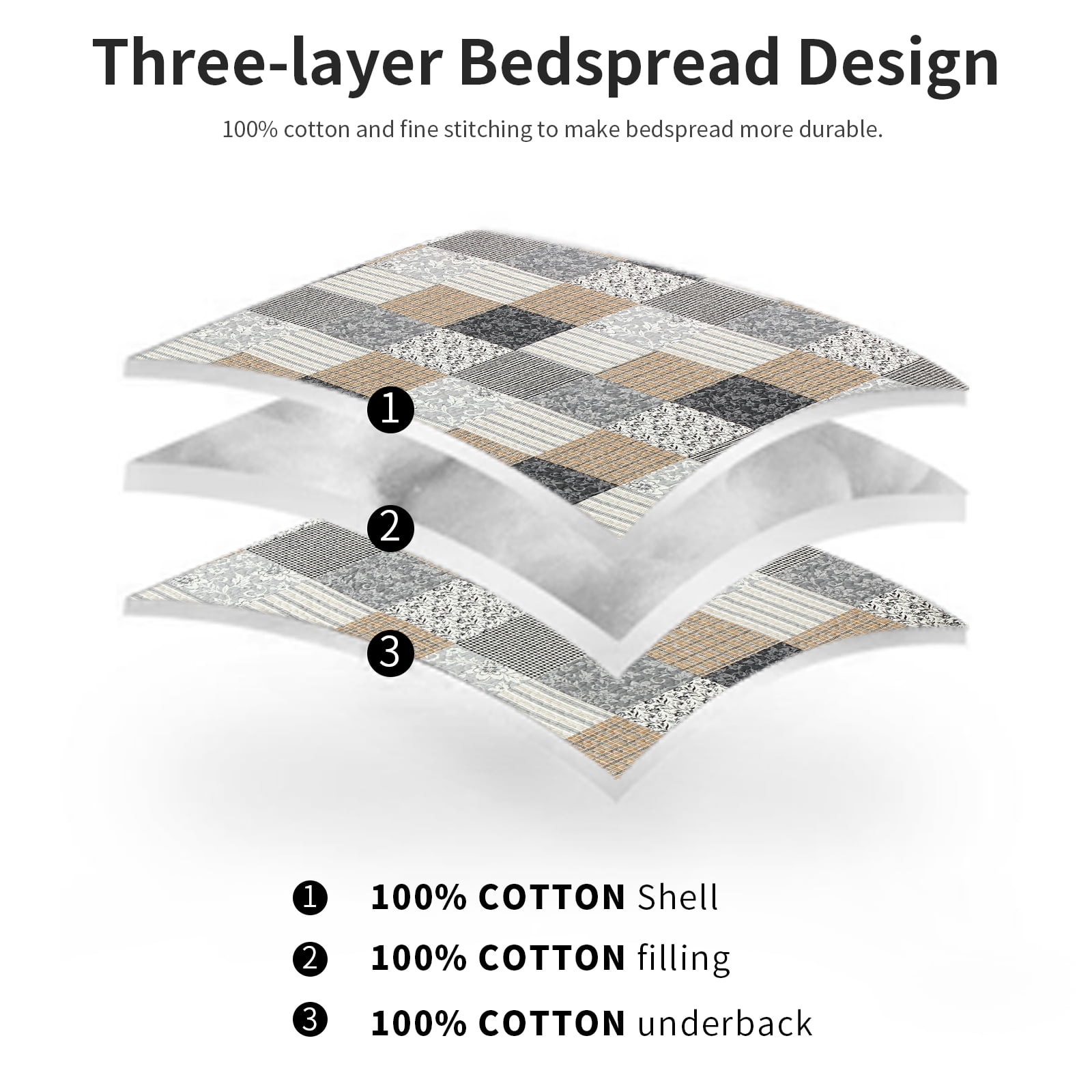 DDUOXIN Brown Plaid King Size Quilts - 100% Cotton King Size Quilt Set, Floral Gray Brown Patchwork Quilt Bedspreads for King Bed, Lightweight Reversible Coverlet Bedding Set with 2 Pillow Shams