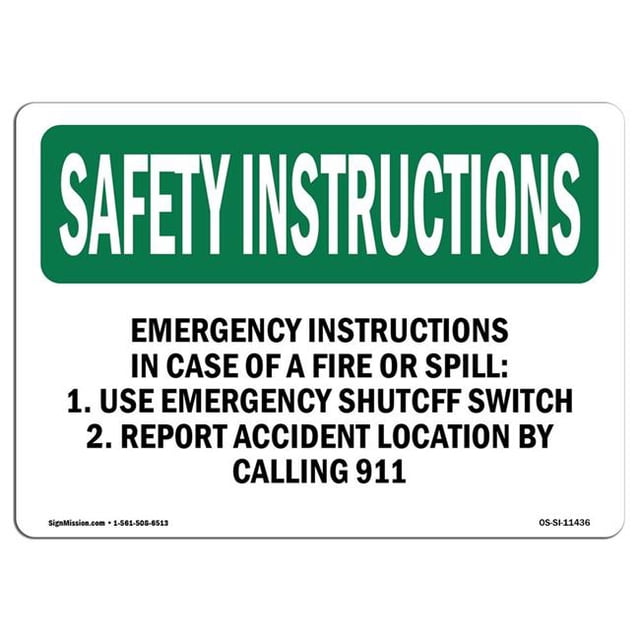 SignMission OS-SI-A-1014-L-11436 10 x 14 Po Consignes de Sécurité OSHA - Consignes d'Urgence en Cas d'Incendie
