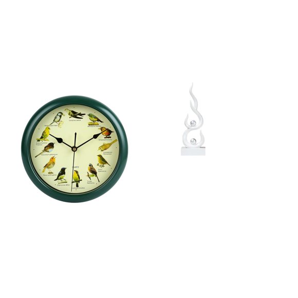 Elodie Musical Birds Wall Hanging Sound Clock with Abstract Fire Statue Resin Flame Figurine Decorative Green Frame Clock for Bedroom Housewarming Gift Modern Fire Sculpture Craft for Patio