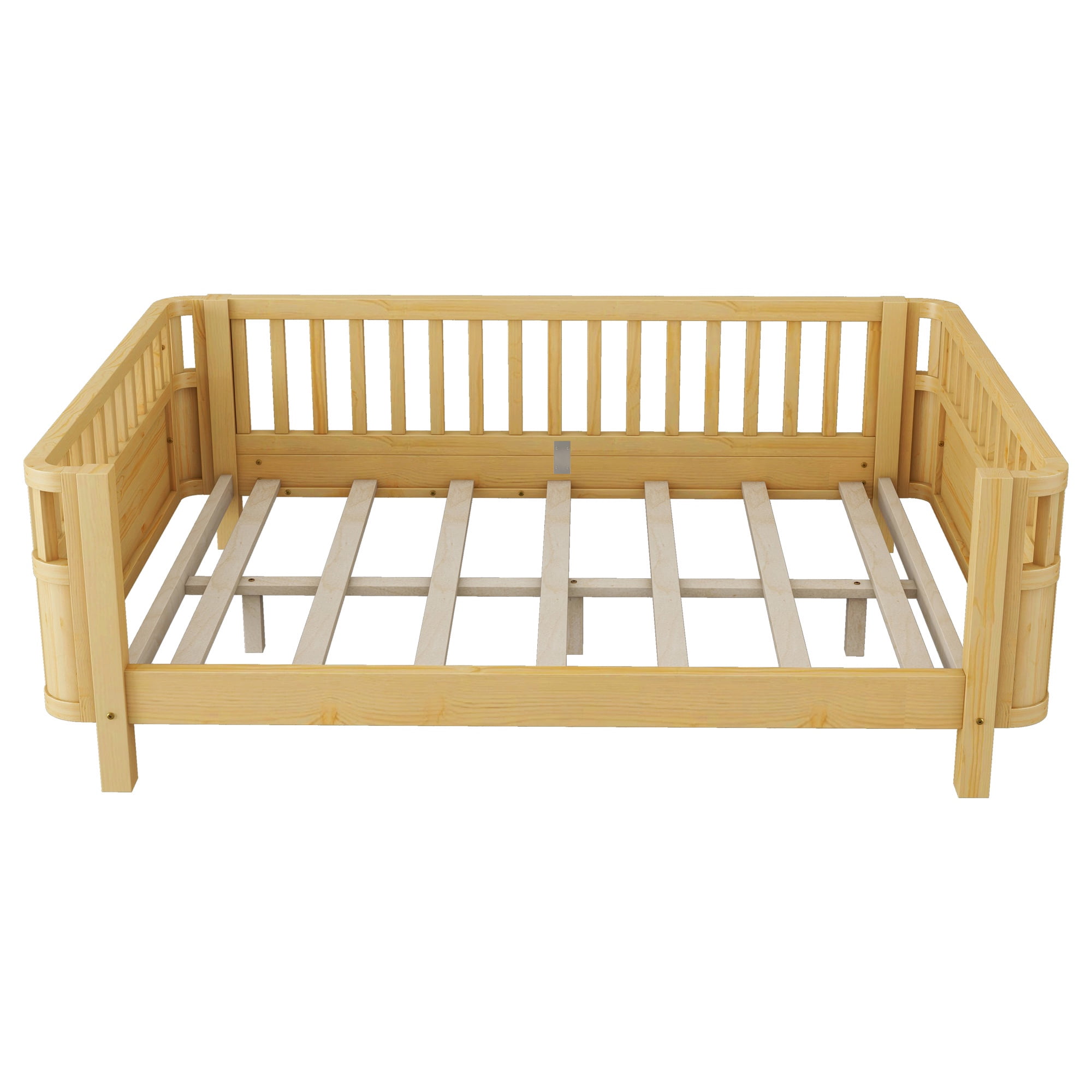 Sesslife Wood Full Platform Bed Frame, Full Size Bed Frame with Salts and Safety Fence for Boys Girls, Low Profile Bed Full with Removable Guardrail, No Box Spring Needed, Natural