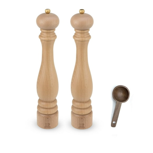 Peugeot Paris u'Select 6 Setting Manual beechwood Salt & Pepper Mill Set With Wooden Spice Scoop Made In France (Natural, 16- Inch)