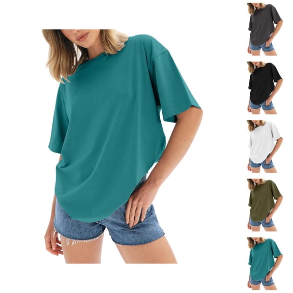 Oversized T Shirts for Women 2026 Summer Short Sleeve Casual Crewneck Basic Plain Tshirt Blouse Tunic Top