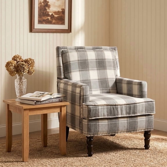 iooHug Plaid Accent Chair, Upholstered Linen Armchair with Nailhead Trim, Comfy Single Sofa Chair for Living Room Bedroom Home